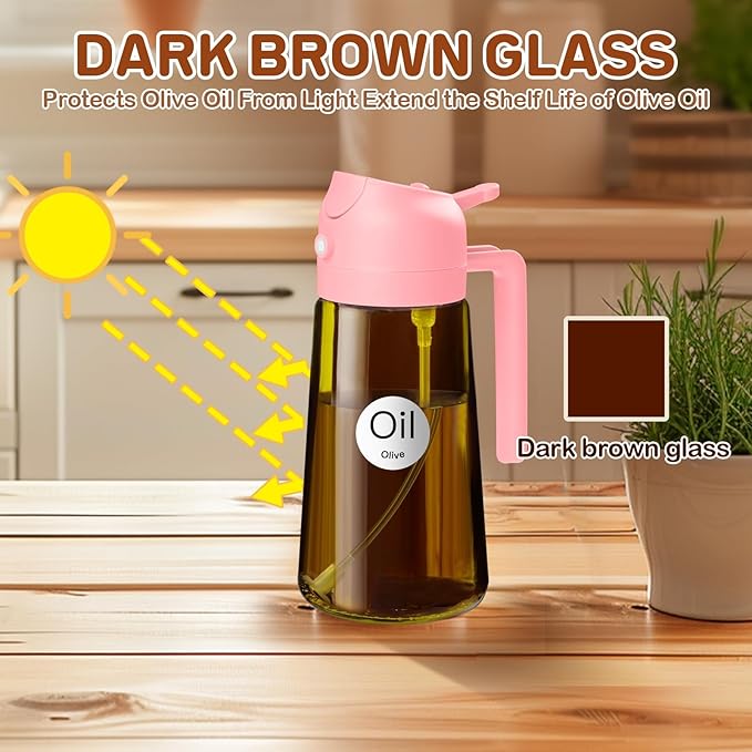 YARRAMATE 2Pcs 16oz/470ml Dark Brown Oil Sprayer for Cooking with Stickers, Food-grade Premium 2 in 1 Olive Oil Dispenser Bottle for Kitchen Gadgets, Air Fryer, Salad, Frying, BBQ (Pink&Black)