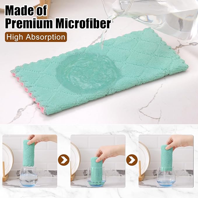 Mordimy 12 Pack Kitchen Cloths Dish Towels (10" x 10", Green & Pink), Super Soft and Absorbent Dish Cloths, Coral Velvet Microfiber Cleaning Cloth, Nonstick Oil Fast Dry Dishcloths