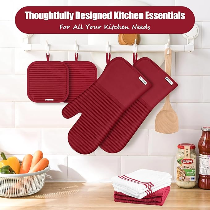 Oven Mitts and Pot Holder Sets with Silicone Grip, 500°F Heat Resistant-6 Pack Dishcloth/Dish Towels for Kitchen 100% Cotton-Value Kitchen Essentials for Cooking, Baking, Grilling-Red