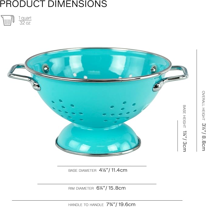 Reston Lloyd, 1 Quart Powder Coated Steel Kitchen Strainer Basket for draining Pasta, Vegetable and Fruit, Chrome Handles and Wide Stable Base, Aqua-Blue
