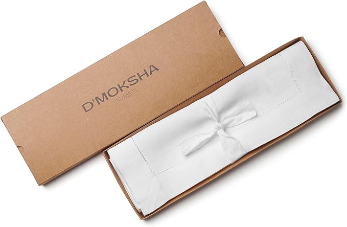 D'Moksha Homes White Linen Placemats Set of 6 - Classic Hemstitch Placemats 14 x 19 Inch - 100% Pure Linen Table Mats for Mothers Day, Spring - Handcrafted and Machine Washable