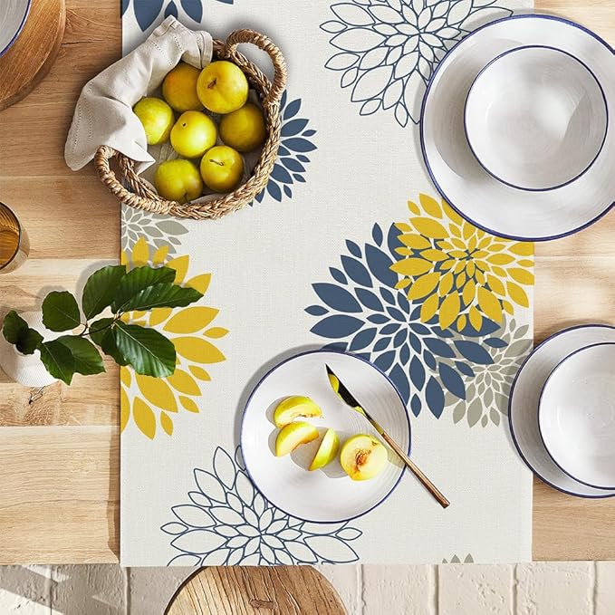 Blue Yellow Gray Table Runner Dahlia Pinnata Flower Beige Table Runners Modern Elegant Pompon Farmhouse Geometric Coffee Table Center Decor for Home Kitchen Dining Party 13 x 90 Inch