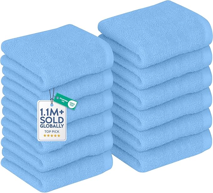 DAN RIVER 12 Pack Wash Cloths for Showering [12x12] - 100% Cotton Washcloths Premium Quality Flannel Face Cloths for Bathroom, Highly Absorbent and Soft Feel Wash Clothes, M Blue