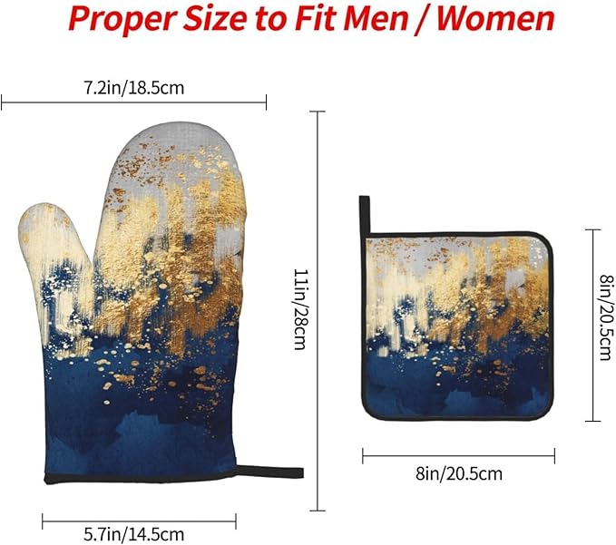 Blue and Gold Watercolor Abstract Oven Mitts and Pot Holder Sets of 3, Non-Slip Heat Resistant Decor Navy Kitchen Gloves with Hanging Loop for Cooking Baking Grilling, Kitchen Gifts for Cooking Lover