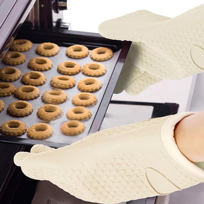 2 Pairs Silicone Oven Mitts Heat Resistant Gloves Heat Resistant Non-Slip Waterproof Kitchen Mittens for Baking, Grilling, Cooking(2 Pairs-Green + White)