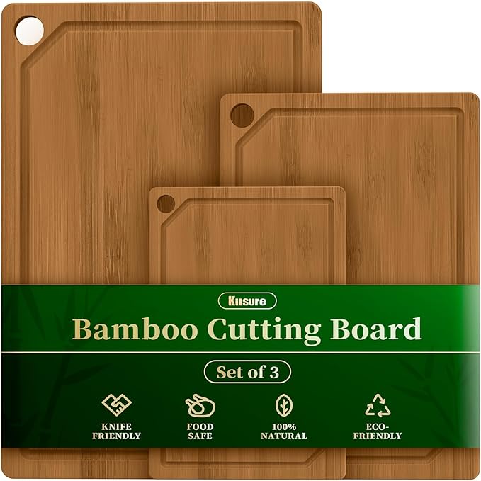 Kitchen Cutting Board Set - 3-Piece Wooden Cutting Boards for Kitchen with Juice Groove, Handles, Hang Holes, Stylish Kitchen Essentials for Chpping & Serving, Brown, 0.4"Th - (L+M+S)