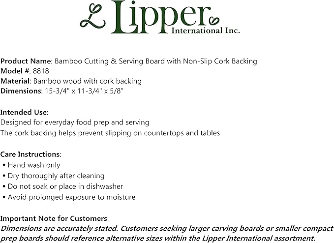 Lipper International Bamboo Wood Kitchen Cutting and Serving Board with Non-Slip Cork Backing, Large, 15-3/4" x 11-3/4" x 5/8"