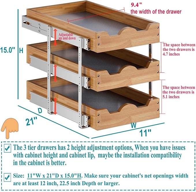 OCG Pull Out Cabinet Drawer 11" W x 21" D, 3 Tier Pull Out Cabinet Organizer, Heavy-Duty Slide Out Drawer for Cabinets, Base Cabinet Organization for Kitchen, Pantry, Bathroom