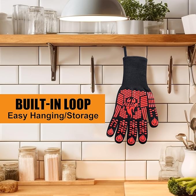BBQ Gloves, Oven Gloves, 1472°F Extreme Heat Resistant Barbecue Gloves, Silicone Non-Slip Oven Mitts, Kitchen for Cooking, Grilling, and Baking (Red)