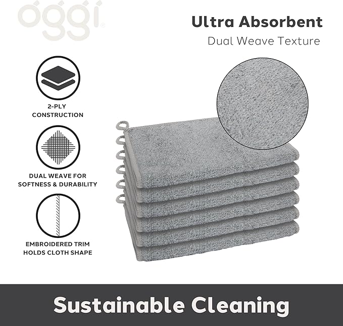 Oggi Bambou Odor-Free Kitchen Washcloths - Natural Kitchen Dish Cloths, 91% Bamboo-Derived Rayon Cellulose Fiber, Reusable, Absorbent, Hygienic, Fast Dry, Durable, Non-Scratch, Lint-Free - 6 pcs, 7x9