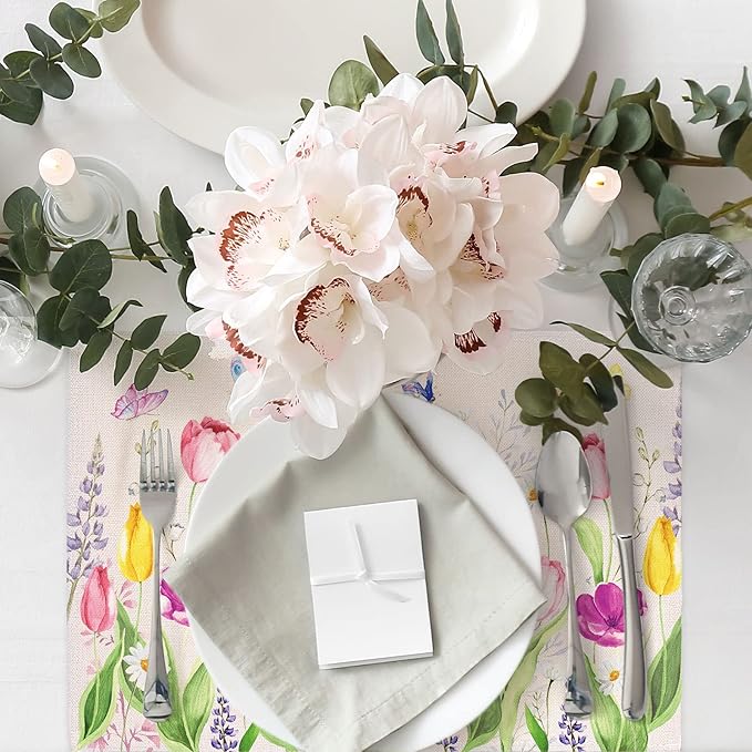 Whaline Set of 6 Spring Tulip Placemat Floral Butterfly Linen Place Mats Summer Waterproof Kitchen Table Mats for Seasonal Indoor Outdoor Home Party Dining Table Decoration, 17.9 x 12.2 Inch