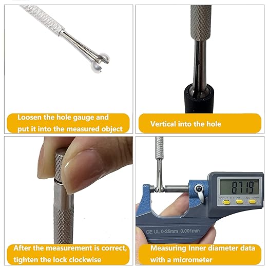 Beslands Hole Gauge Set, 1/8" to 1/2" Range, Telescoping Bore Gauge, Ball Type Small Telescopic Gage, 4 Pcs Full Round, inch/mm, High Precision (1/8" to 1/2")