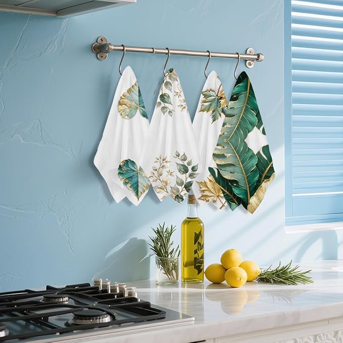 4 Pcs Tropical Palm Leaves Kitchen Towels, Beach Tea Hand Towel, Monstera Leaves Dish Cloths for Drying Dishes, Waffle Dish Towels for Kitchen Bathroom Home Decor, Housewarming Gifts for Women Mom