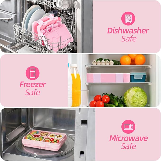 Bento Lunch Box for Kids, 6 Compartments BPA Free, Dishwasher Safe Back to School Snack Bento Lunch Containers Boxes, Ideal Portion Sizes for On-the-Go Meal, Ages 3+, School, Pink
