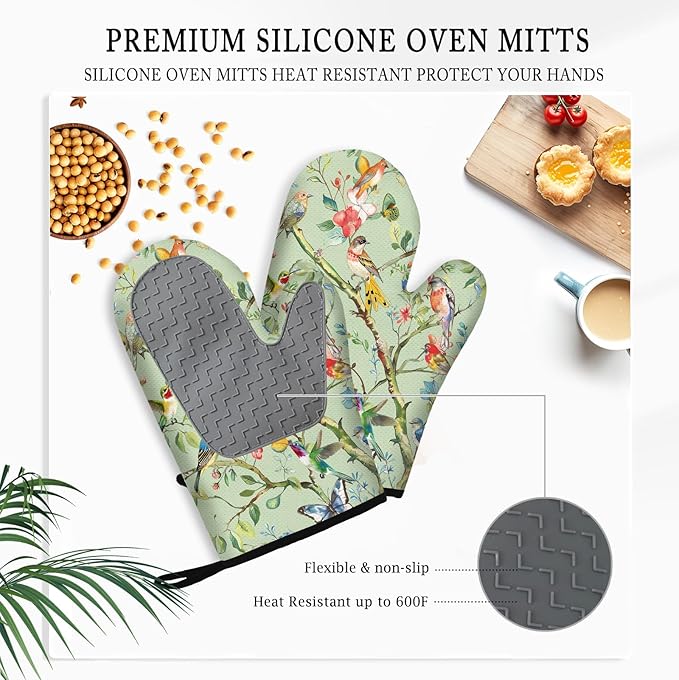 Bird Oven Mitts and Pot Holders Sets 3PCS, Floral Botanical Print Silicone Oven Mitts Birthday for Bird Lover Garden Kitchen, Song Birds Heat Resistant Non-Slip Oven Gloves for Mom Wife Sister BFF