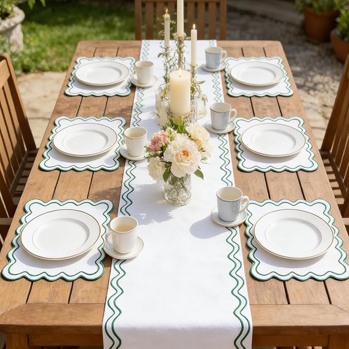 Set of 6 Cotton Linen Placemats, 13''x 19'' Wavy Embroidery Scalloped Placemats Washable Rustic Dinner Waterproof Table Mats (Green)
