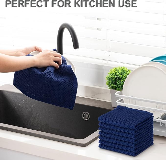 joybest Cotton Kitchen Dish Cloths, 8-Pack Waffle Weave Ultra Soft Absorbent Dish Towels Washcloths Quick Drying Dish Rags, 12x12 Inches, Navy Blue