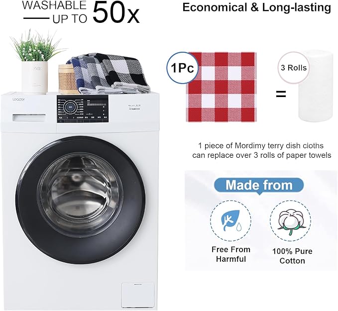 Mordimy 100% Cotton Waffle Weave Plaid Dish Cloths, 12 x 12 Inches, Super Soft and Absorbent Quick Drying Buffalo Check Dish Rags for Kitchen, 6-Pack, Red & White