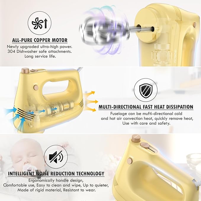 GUALIU Electric Hand Mixer with Stainless Steel Whisk, Dough Hook Attachment and Storage Bag, Handheld Mixer for Baking Cakes, Eggs, Cream Food Mixers. Turbo Boost /5 Speed Kitchen Blender Yellow