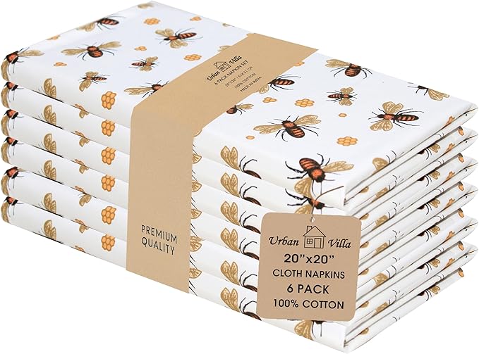 Urban Villa Cloth Napkins Honey Bee Print 100% Cotton Absorbent Dinner Napkins (Set of 6) Oversized 20x20 Inches Soft Durable Reusable Washable Ideal for Everyday Use Wedding Parties Premium Quality