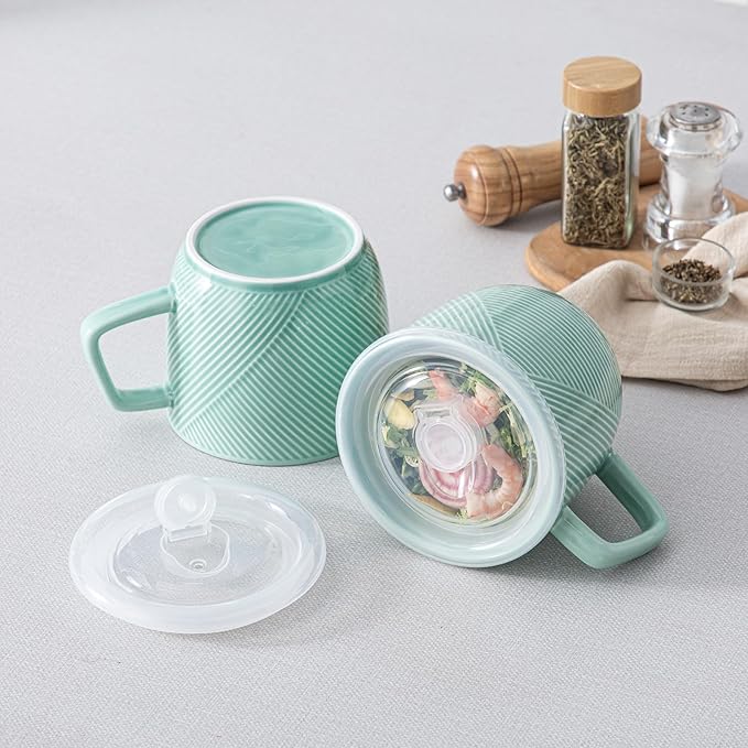 Ceramic Soup Bowl with Lid & Handle: 32 oz Microwave Safe Food Container for Ramen Noodles Cereal Leftovers - Extra Large Mugs for Breakfast Lunch Picnic Camping - Mint Green, Set of 2