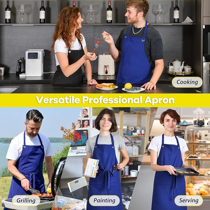 ROTANET Stripe Stretch Apron for Men Women Chef Big and Tall Large Striped Aprons with Pockets for Kitchen Cooking Waterproof