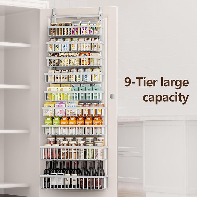 POKIPO 9 Tier Over The Door Pantry Organizer, 2 in 1 Wall Mount or Hanging Spice Rack with Adjustable Basket, Seasoning Organizer and Storage for Kitchen Cabinet Closet Bathroom