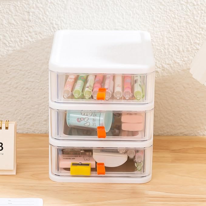 Gagee 4 Pack 3 Drawer Mini Desktop Unit,Plastic dressers with drawers for Arts and Crafts, Small Tools, Sewing Accessories, Stationary, and Hardware,Clear/White Frame