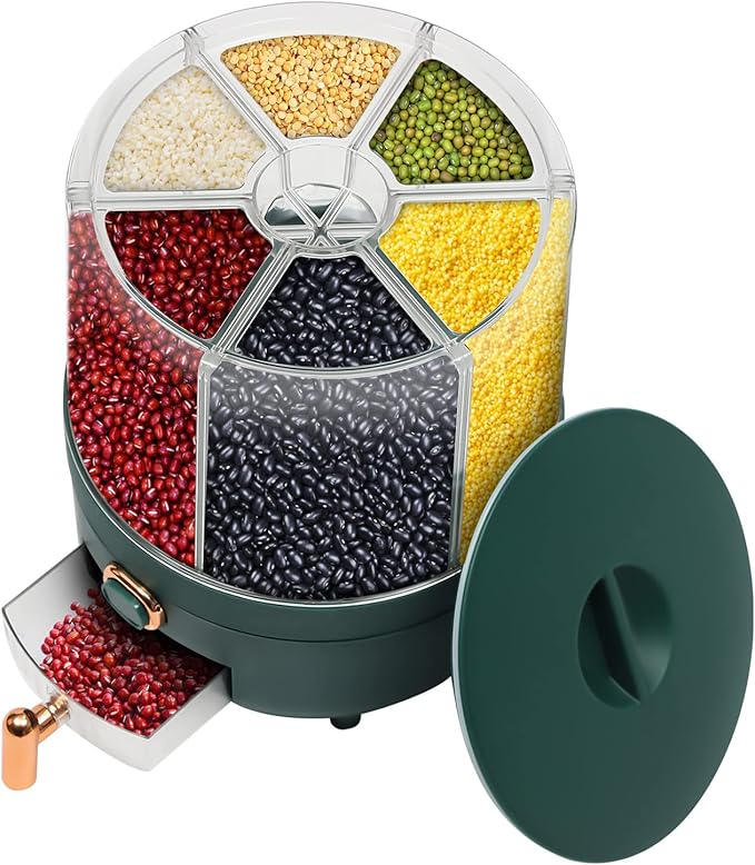 Large Cereal Containers Storage Rotating Rice Dispenser Dry Food Dispenser with 6 Compartments Kitchen Grain Storage Container Holder for Rice and Beans (Green+Clear)