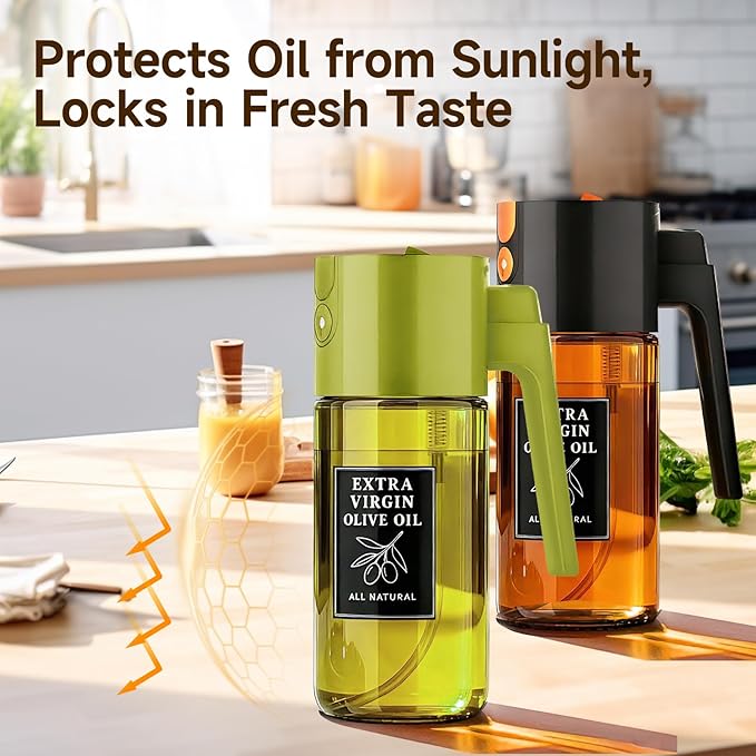 Oil Dispenser and Sprayer Set 16oz/500ml Olive Oil Dispenser for Cooking, 2 in 1 Spray and Pour Oil Bottle for Kitchen Air Fryer Salad Grilling, UV Resistant Glass（Black+Green）