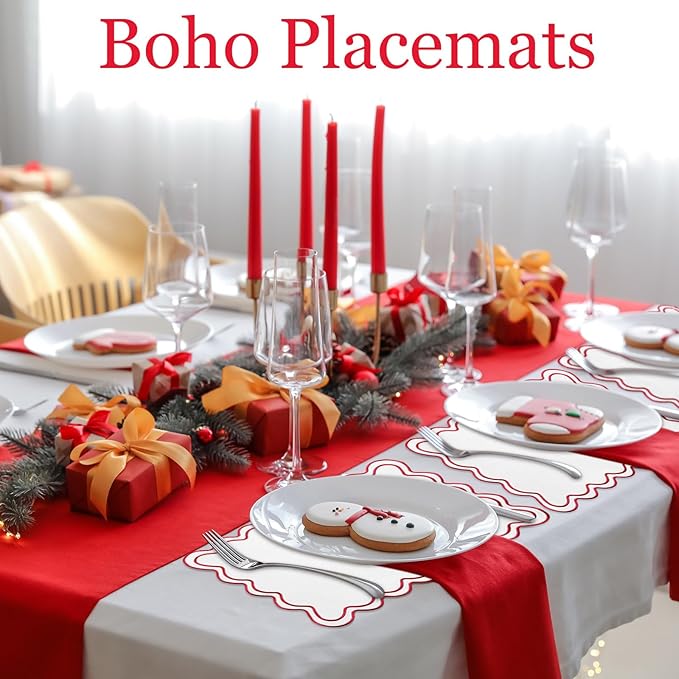 Linen Placemats Set of 12 Scalloped Placemat 13 X19 Wavy Embroidery Double Layered Washable Farmhouse Dinner Fabric Table Mat Napkin for Wedding Party Christmas Hotel Restaurant(White&red)