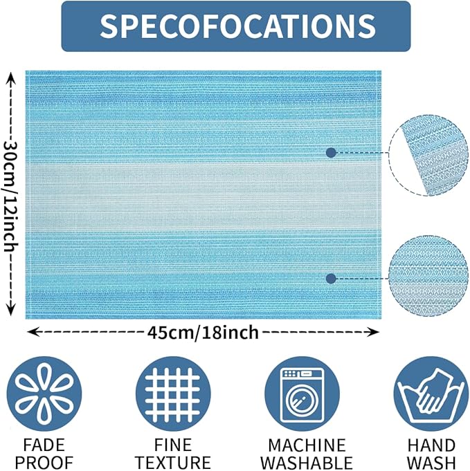 Niviy Blue Placemats Set of 12, 12x18 Inch Washable Easy to Clean Heat-Resistant Anti-Skid Table Mats for Holiday Party Kitchen Dining Room Decoration