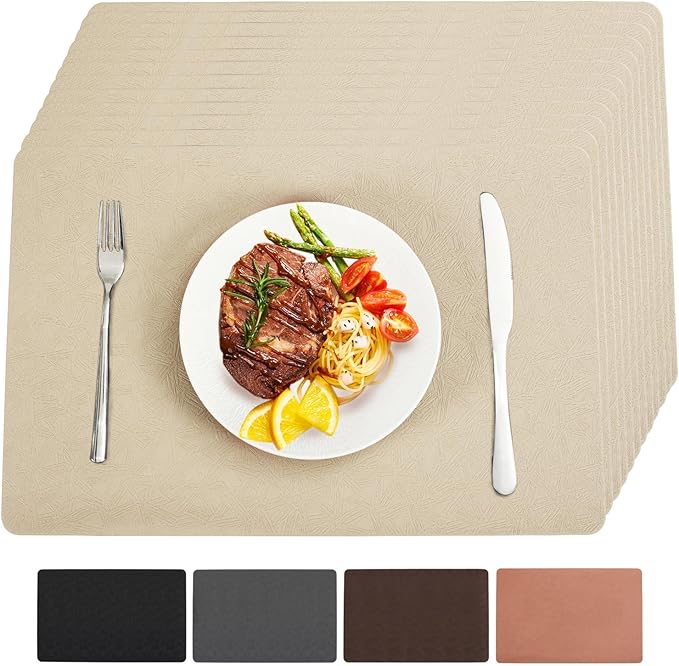 Vinyl Placemats Set of 12 Heat Resistant Easy Clean Non-Slip Place Mats for Dining Table Faux Leather Waterproof Stain Resistant Wipeable Washable PVC Table Mats(12, Beige)