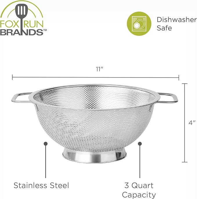 Fox Run Large Stainless Steel Colander, 3 Quart Pasta Strainer With Handles, 8.9” x 11.1” x 4”