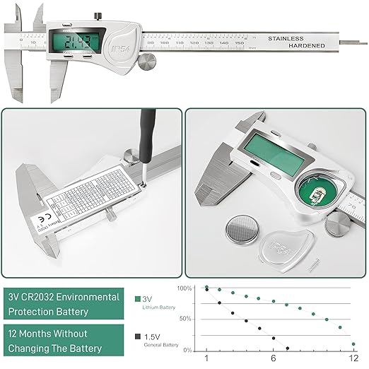 Electronic Digital Vernier Caliper Measuring Tool, IP54 Waterproof Electronic Micrometer Caliper, 150mm/0-6 inch Stainless Steel Vernier Caliper with Large LCD Screen, Inch Metric Conversion