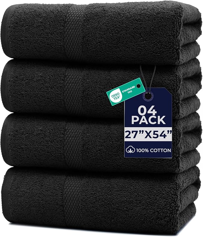 DAN RIVER Bath Towels Set of 4, 27 x 54 Inches, 100% Cotton, Larger & Lighter Weight, Quicker to Dry, Super Soft and Absorbent, Ideal Black Bath Towels for Daily Use