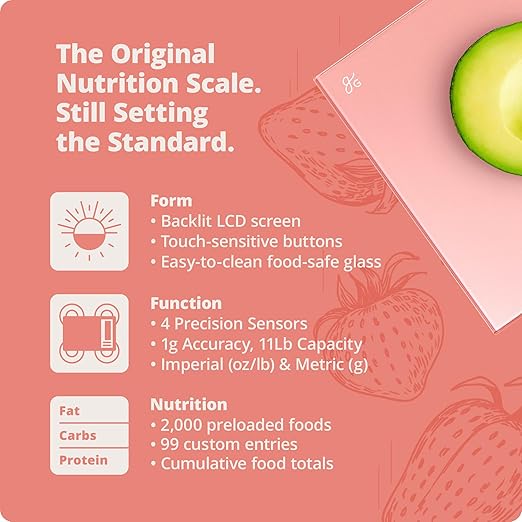 Greater Goods Digital Nutrition Scale – Accurate Macro and Calorie Tracking for Meal Prep, Weight Loss, and Healthy Eating | 2,000 Built-in Foods, Intuitive Nutrition Label Display, 11lb Cap, Pink