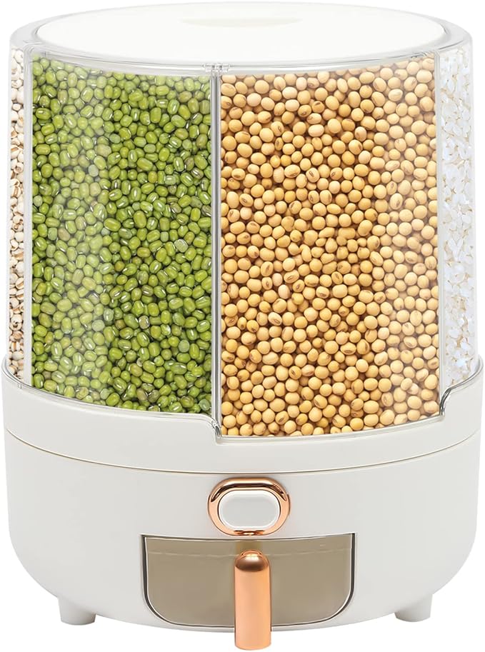 360° Rotating Grain Dispenser With 6 Grids, 13.2lbs Large Capacity Grain Dispenser Rotating Kitchen Storage Containers With Sealed Lid For Peanut Barley Millet And Cereal (White, 14.3 lbs)