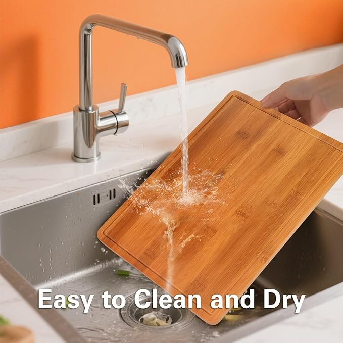 Carbonized Bamboo Cutting Boards for Kitchen, XL Durable Wood Cutting Board with Juice Grooves and Handles, Set of 3 Solid Charcuterie Board for Meal Prep & Serving (13x9.5, 14.5x10.5, 16x11.5)