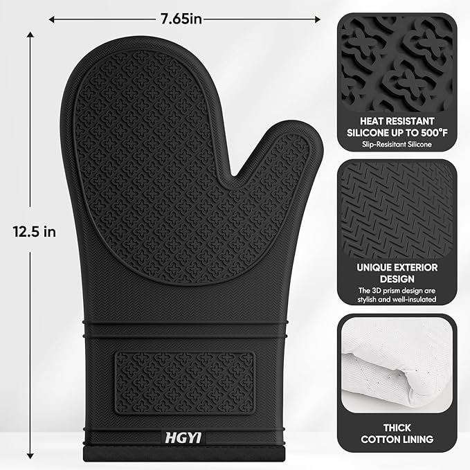Silicone Oven Mitts, Heat Resistant Oven Gloves with Quilted Liner, Waterproof & Non-Slip Kitchen Mittens for Baking Cooking BBQ, 500°F, 12.5"-Black