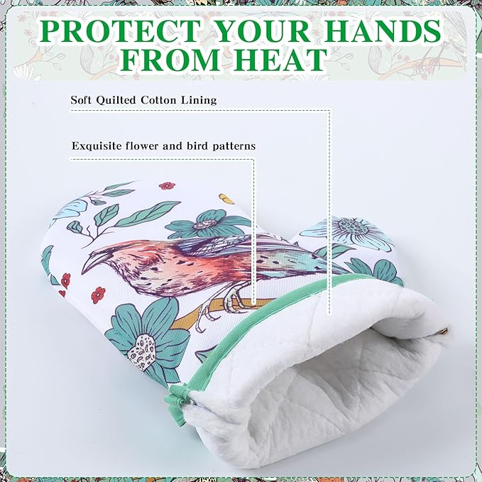 Leinuosen 6 Bird Flower Kitchen Towels Kitchen Decor and Accessories Set Floral Plant Oven Mitts and Pot Holders Sets Farmhouse Absorbent Dish Towels for Cooking Baking Grilling