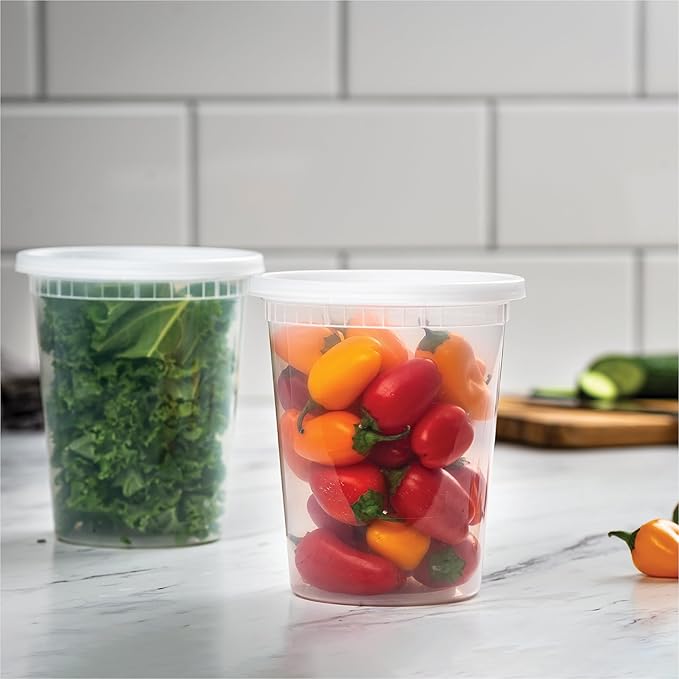 Stack Man 32 oz Deli Containers with Lids (48 Sets) – Quart Clear Plastic Food Storage Containers, Airtight Leak-Resistant Seal, BPA-Free, Microwave & Freezer Safe, Meal Prep Soup Takeout to-Go