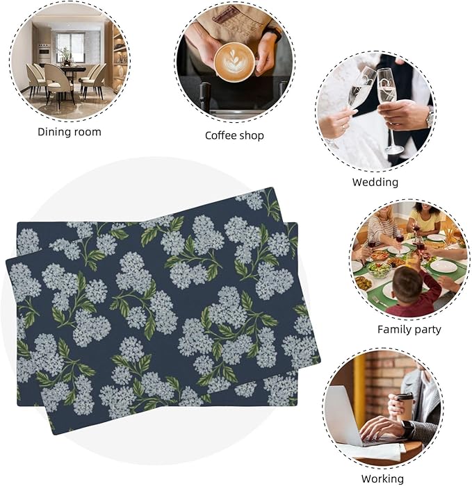 Navy Blue Placemats Set of 4 Blue Green Hydrangea Flower Decor Place Mats 12x18 Inch Vintage Floral Spring Summer Seasonal Decorative Linen Table Mats for Kitchen Dining Party Table Decoration