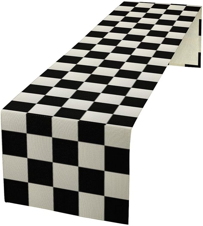 Black White Plaid Table Runner Racing Party Theme Runner for Home Kitchen Birthday Party Dining Table Living Room Decor Fabric 1 Panel W13xL120in