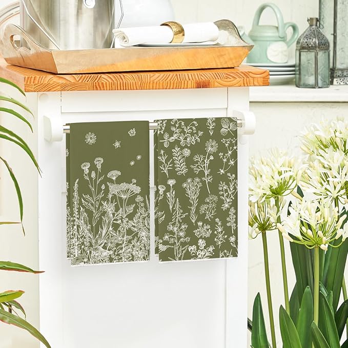 Artoid Mode Green Antique Herbs Wild Flowers Leaves Spring Kitchen Towels Dish Towels, 18x26 Inch Seasonal Decoration Hand Towels Set of 2