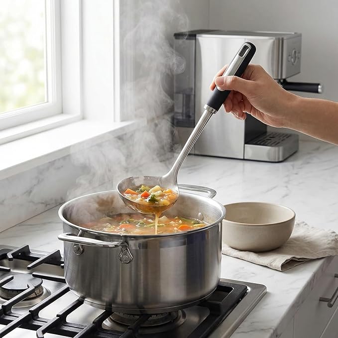 Stainless Steel Ladle and Pasta Server Set, Food-Grade Thickened Metal Soup Ladle & Spaghetti Spoon with Non-Slip Handles, Durable Cooking Utensils for Pasta, Soup & Everyday Kitchen Use