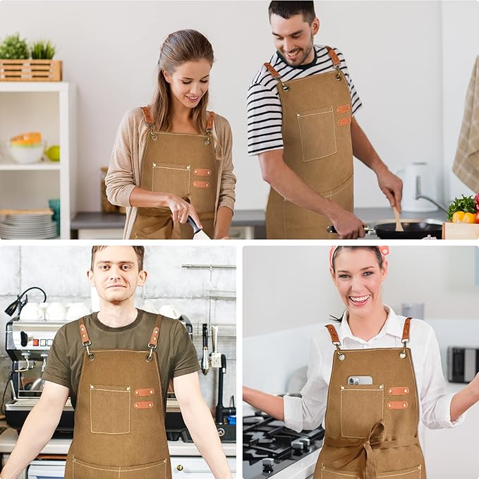 OUNLEN Chef Apron for Men Women Canvas Aprons with 3 Pockets Cross Back Resistant Work Apron for Cooking