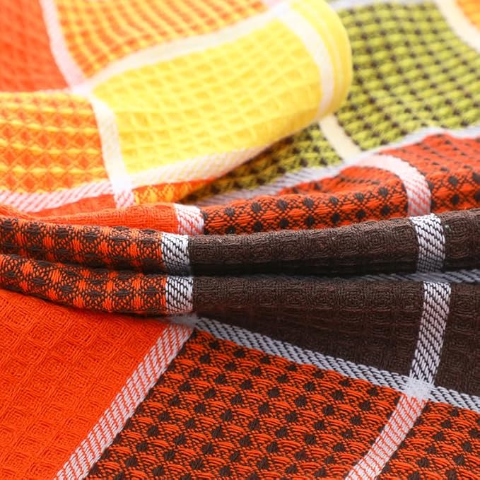 Bright Large Kitchen Towels, 4-Pack, 16 Inch x 26 Inch Buffalo Check Dish Towels for Washing Drying Dishes, Colorful Waffle Design Tea Towel Bar Towel (Orange)