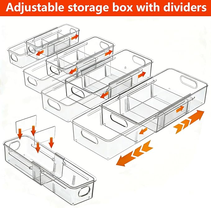 REBECAT 4 Pcs Expandable Clear Drawer Organizers, Adjustable Drawer Organizer Bins with Dividers, makeup organizer for drawer, drawer organizer bathroom for Vanity, Junk Drawer & Office