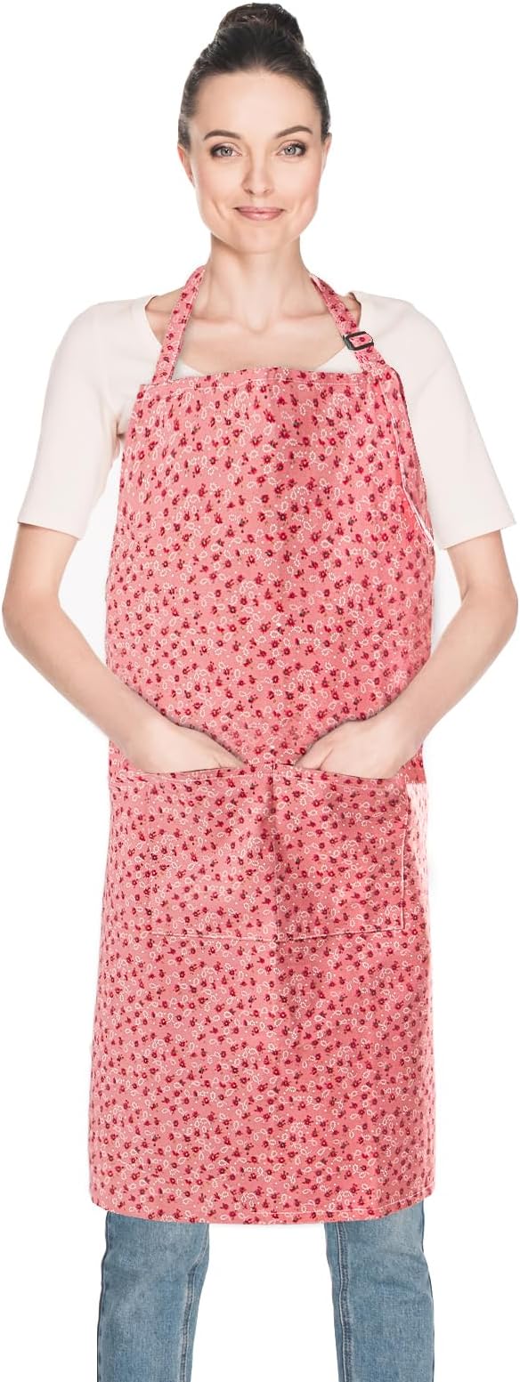 Aprons for Women with 2 Pockets, Adjustable Floral Cotton Kitchen Apron for Cooking Baking,Chef Apron, Artist or Garden Apron (Pink Floral)